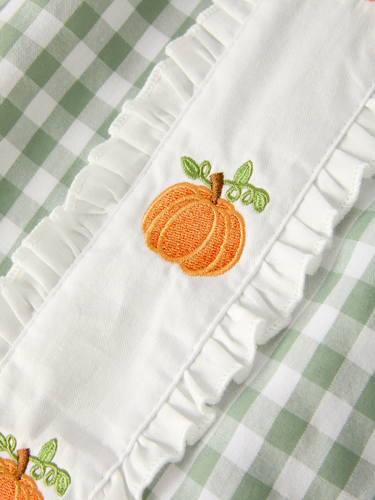 Fall Halloween & Thanksgiving Pumpkin Applique Plaid Green Girls Dress - Rylee Faith Designs - Flyclothing LLC