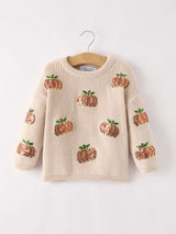Thanksgiving Pumpkin Sequin Sweater – Beige, Perfect for Fall - Rylee Faith Designs - Flyclothing LLC