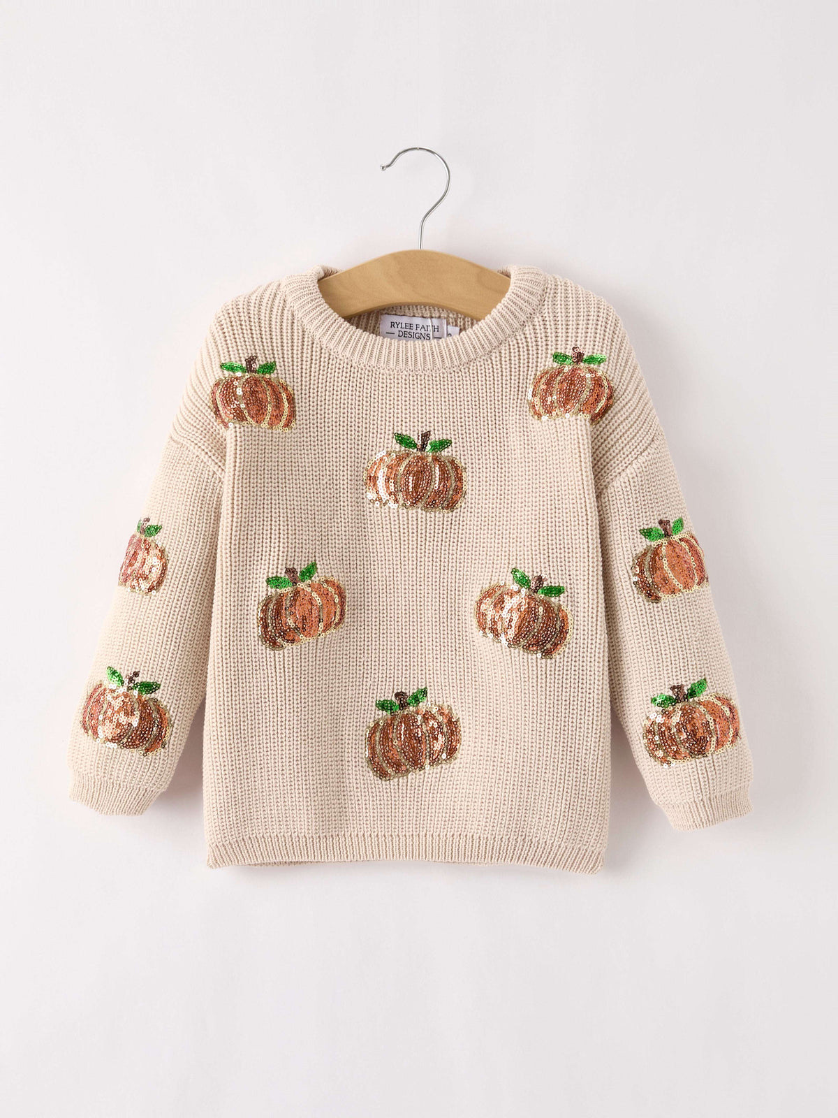 Thanksgiving Pumpkin Sequin Sweater – Beige, Perfect for Fall - Rylee Faith Designs - Flyclothing LLC
