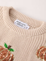 Thanksgiving Pumpkin Sequin Sweater – Beige, Perfect for Fall - Rylee Faith Designs - Flyclothing LLC