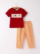 Fall Turkey Embroidered Boy Set – Orange Checkered with Thanksgiving Details - Rylee Faith Designs - Flyclothing LLC