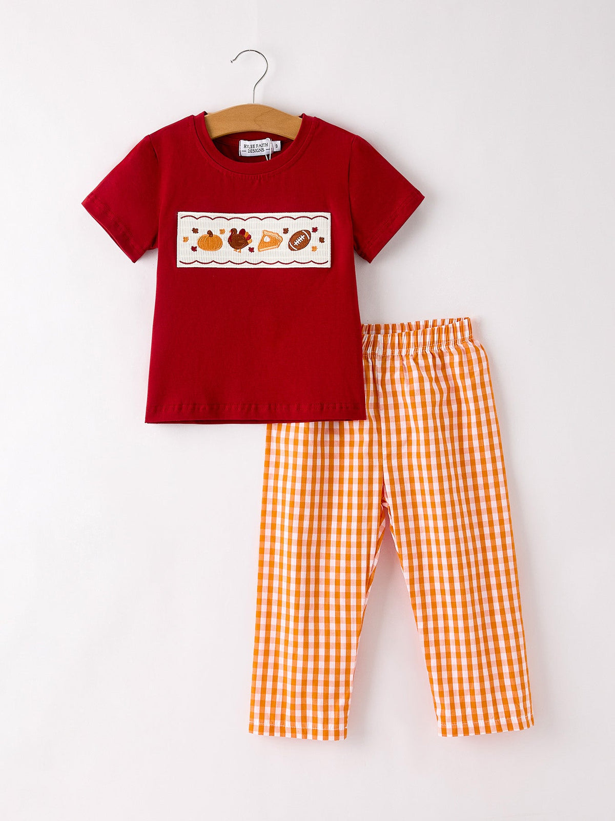 Fall Turkey Embroidered Boy Set – Orange Checkered with Thanksgiving Details - Rylee Faith Designs - Flyclothing LLC