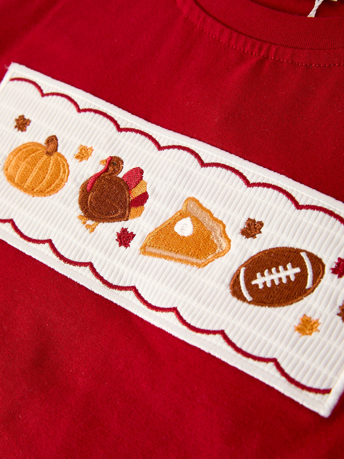 Fall Turkey Embroidered Boy Set – Orange Checkered with Thanksgiving Details - Rylee Faith Designs - Flyclothing LLC
