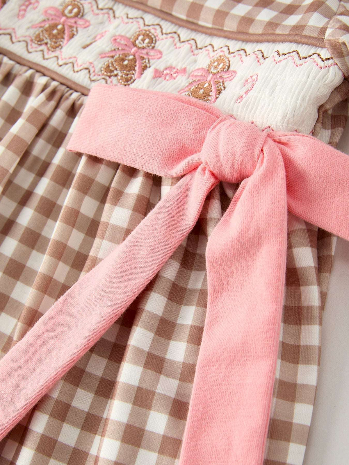 Christmas Vintage-Style Plaid Dress with Embroidered Gingerbread and Bows