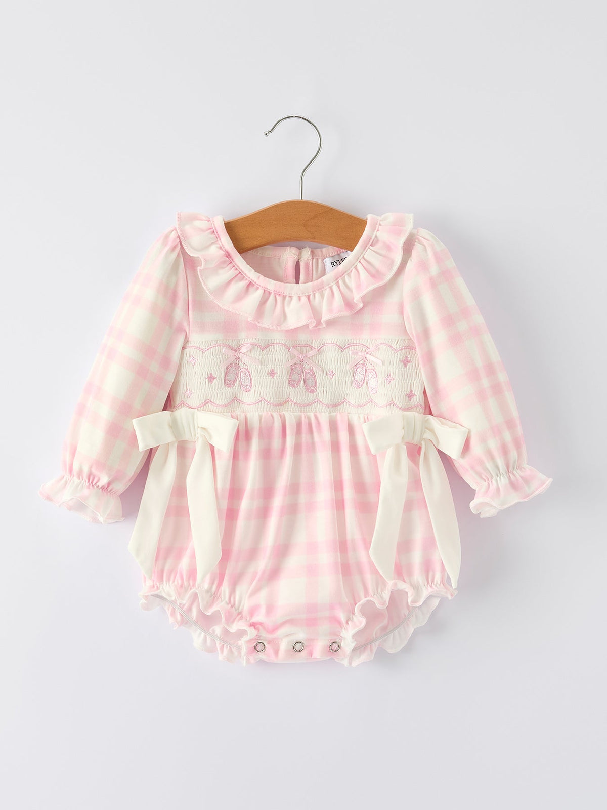 Fall Pink Plaid Ruffle Ballet Shoe Embroidery Long Sleeve Romper - Rylee Faith Designs - Flyclothing LLC