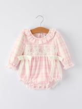Fall Pink Plaid Ruffle Ballet Shoe Embroidery Long Sleeve Romper - Rylee Faith Designs - Flyclothing LLC