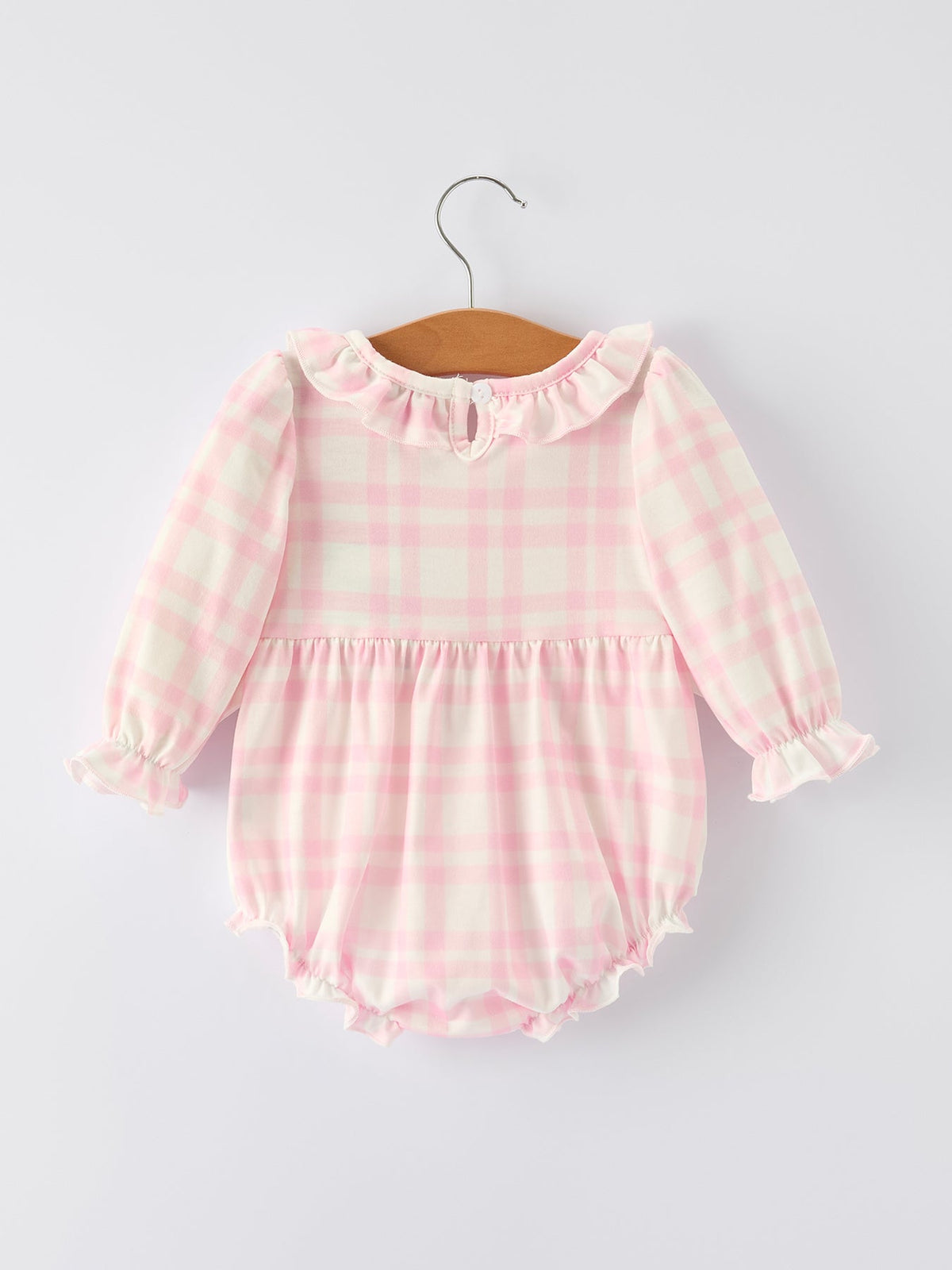 Fall Pink Plaid Ruffle Ballet Shoe Embroidery Long Sleeve Romper - Rylee Faith Designs - Flyclothing LLC