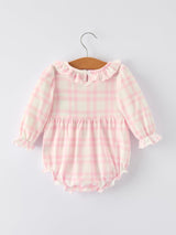 Fall Pink Plaid Ruffle Ballet Shoe Embroidery Long Sleeve Romper - Rylee Faith Designs - Flyclothing LLC