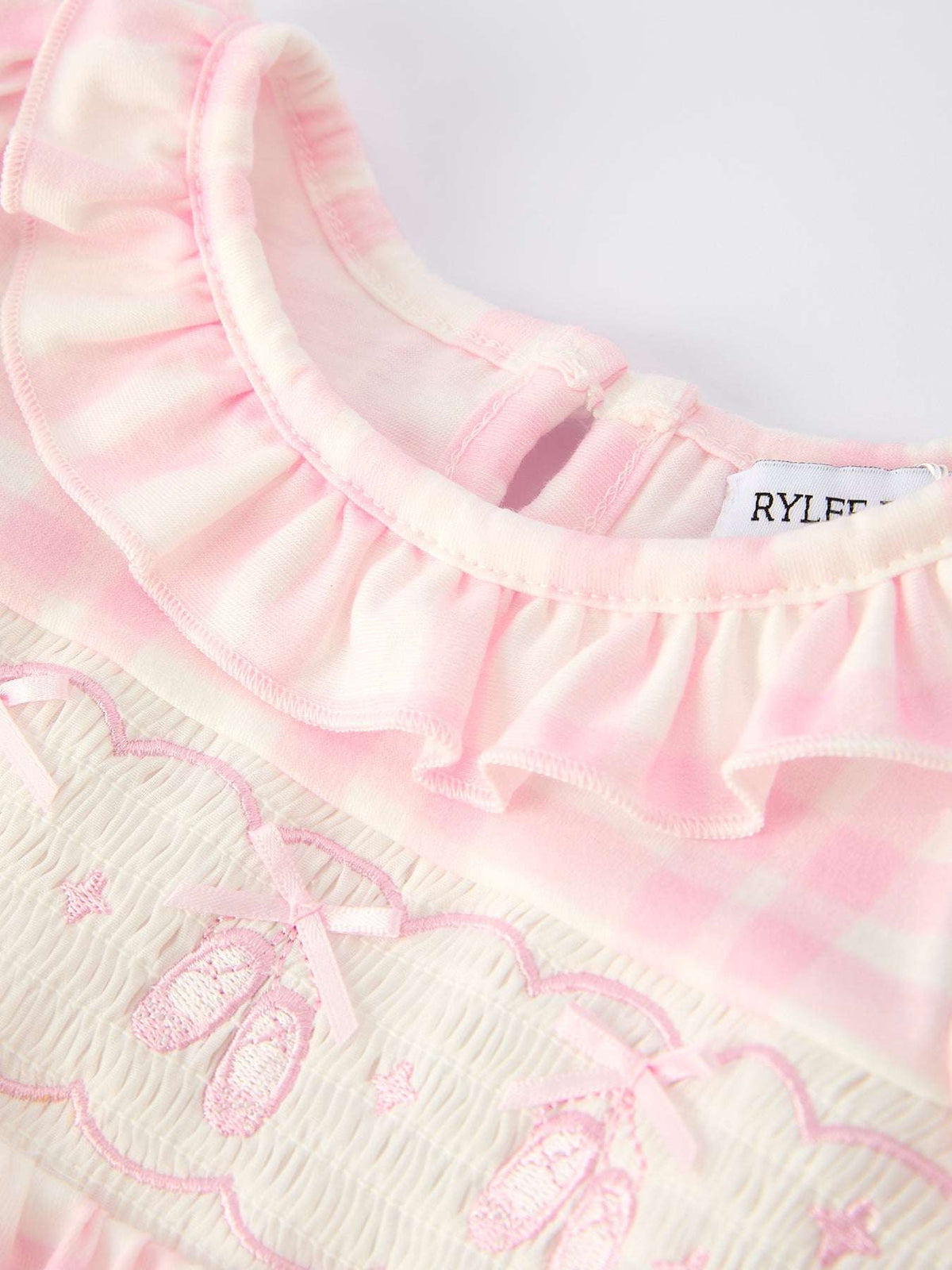 Fall Pink Plaid Ruffle Ballet Shoe Embroidery Long Sleeve Romper - Rylee Faith Designs - Flyclothing LLC