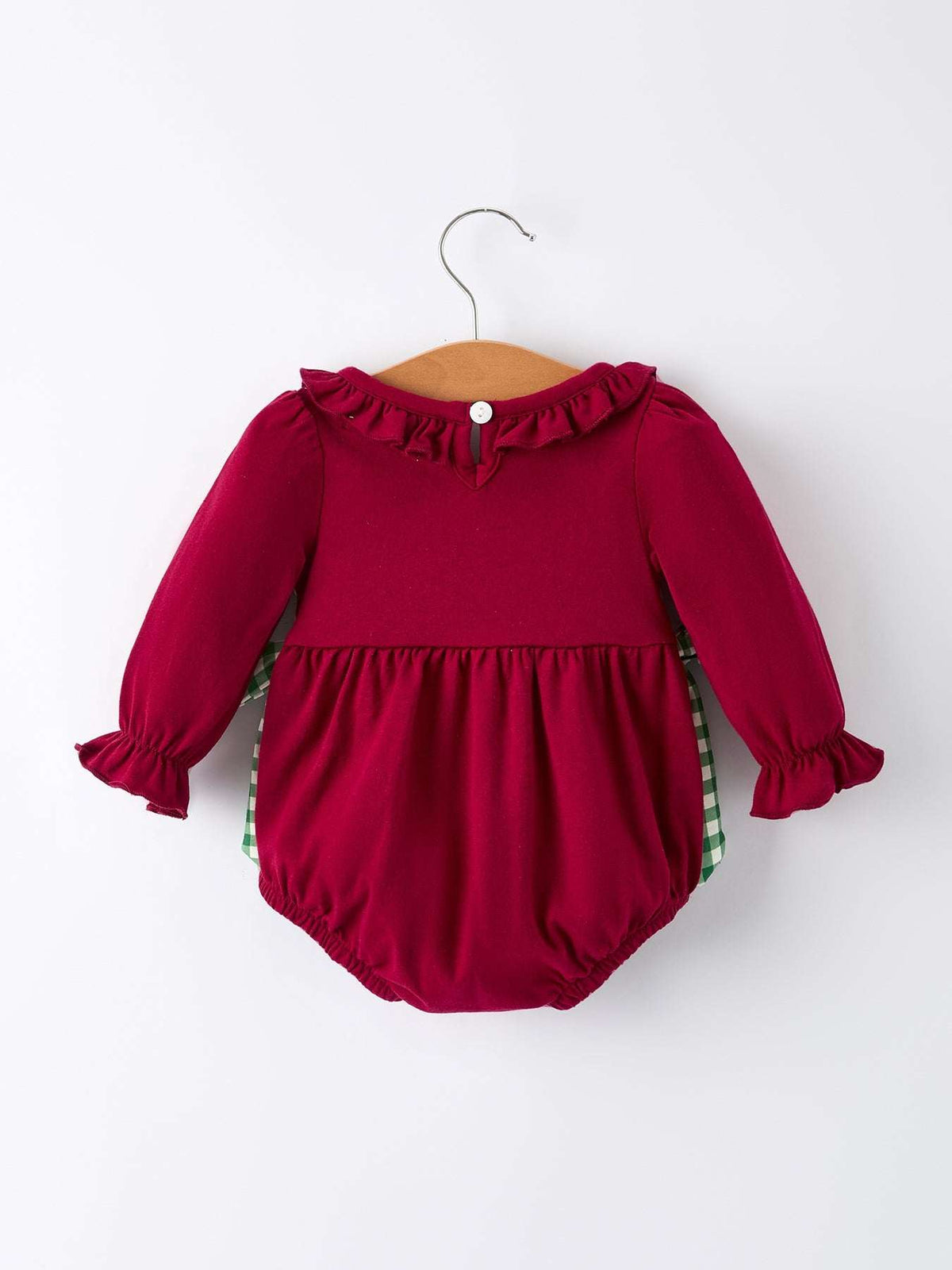 Christmas Embroidered Baby Girls Romper with Green Plaid Bow
