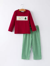 Christmas Tree Dog Smocking Embroidered Plaid Boys Set - Rylee Faith Designs - Flyclothing LLC