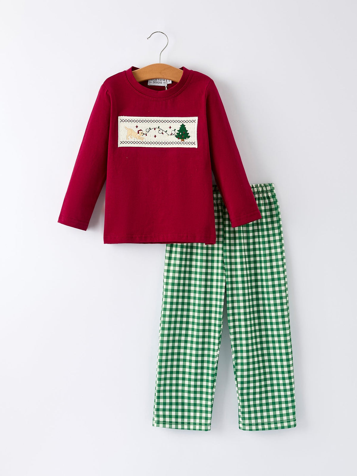 Christmas Tree Dog Smocking Embroidered Plaid Boys Set - Rylee Faith Designs - Flyclothing LLC