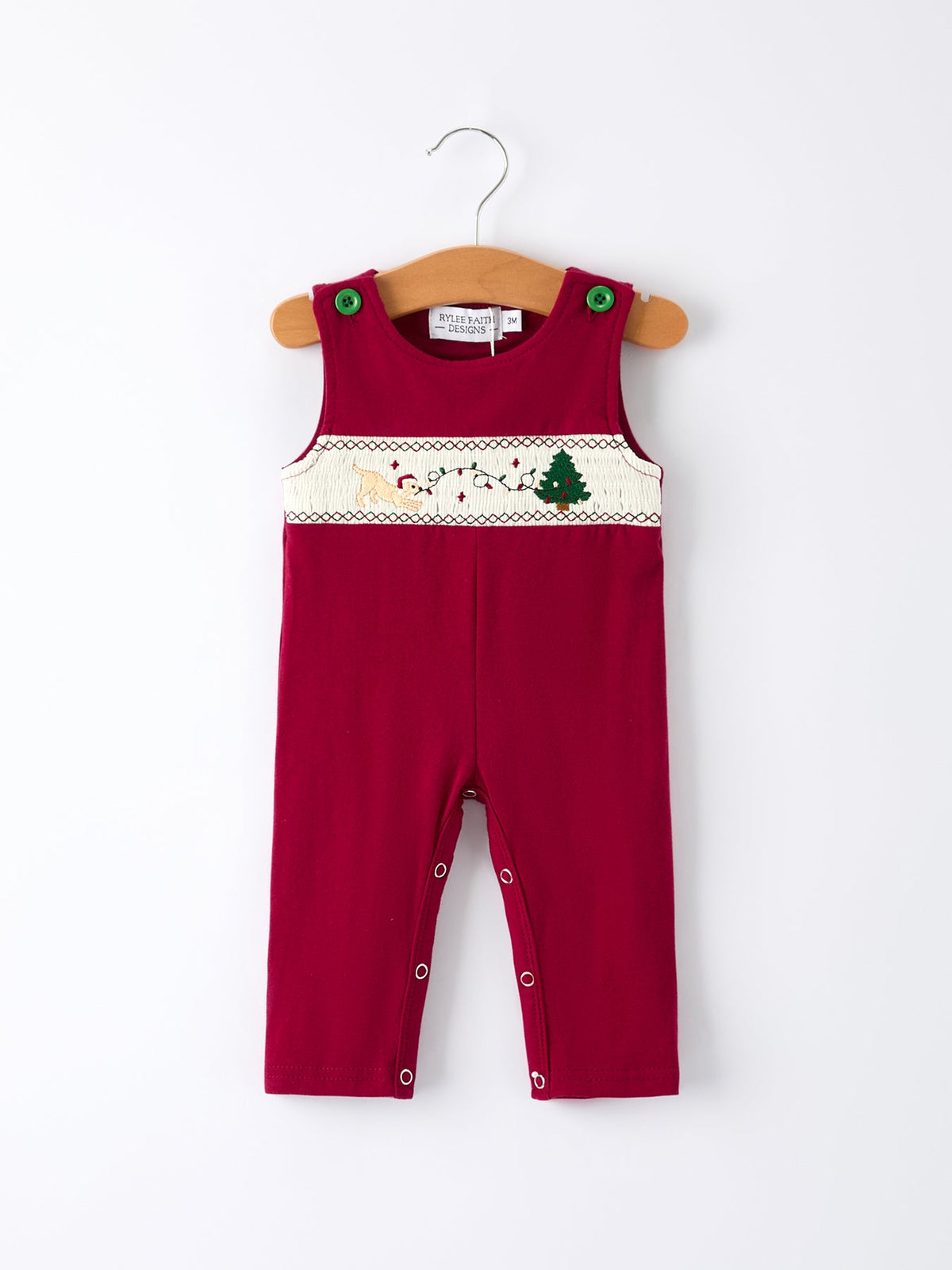 Christmas Tree Dog Smocking Embroidered Baby Boys Romper - Rylee Faith Designs - Flyclothing LLC