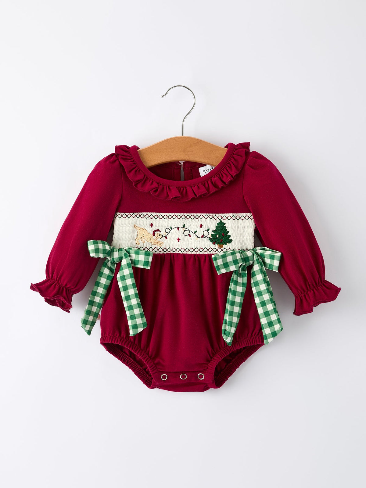 Christmas Embroidered Baby Girls Romper with Green Plaid Bow - Rylee Faith Designs - Flyclothing LLC