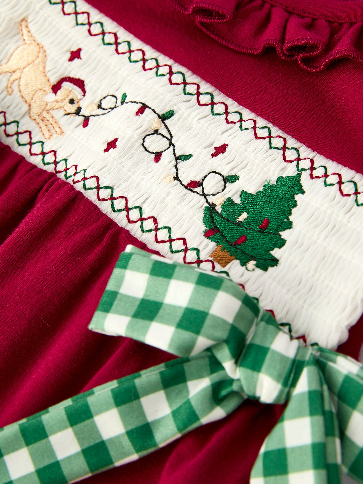 Christmas Embroidered Baby Girls Romper with Green Plaid Bow - Rylee Faith Designs - Flyclothing LLC