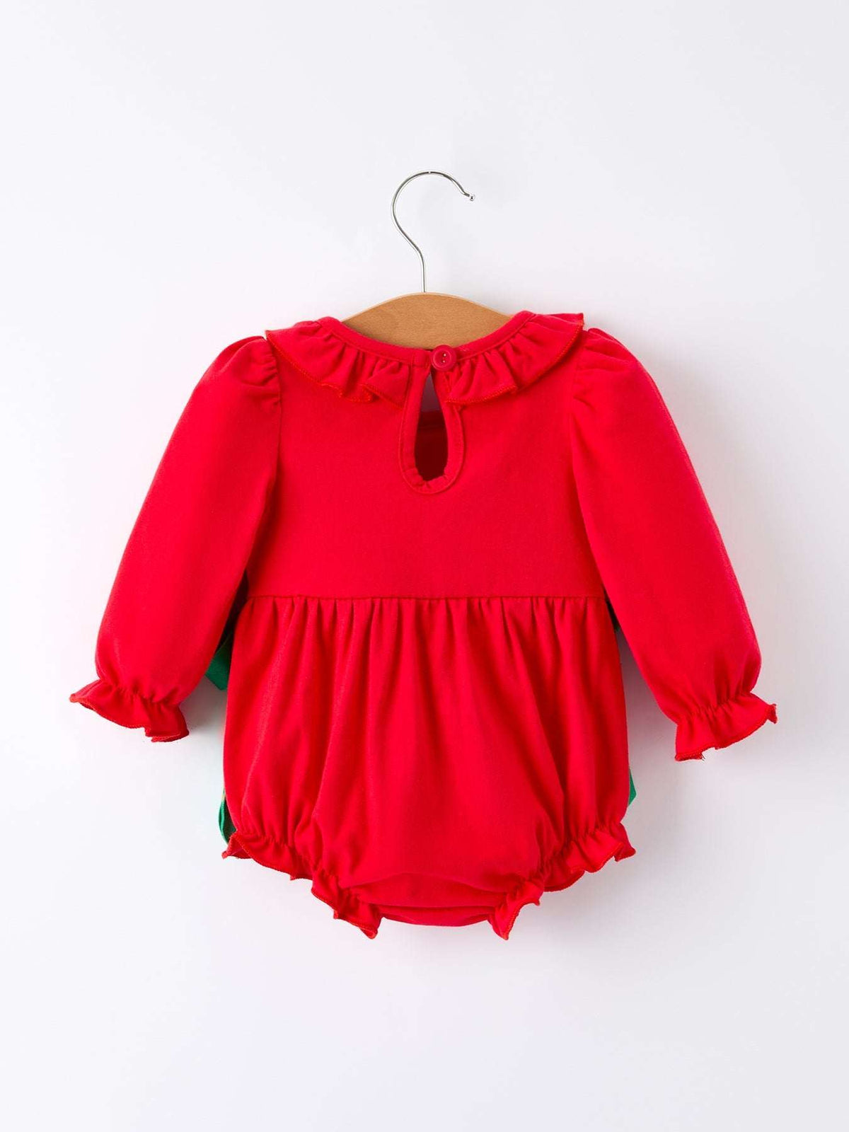 Christmas Smocked Girls Romper with Green Bow and Tree Embroidery