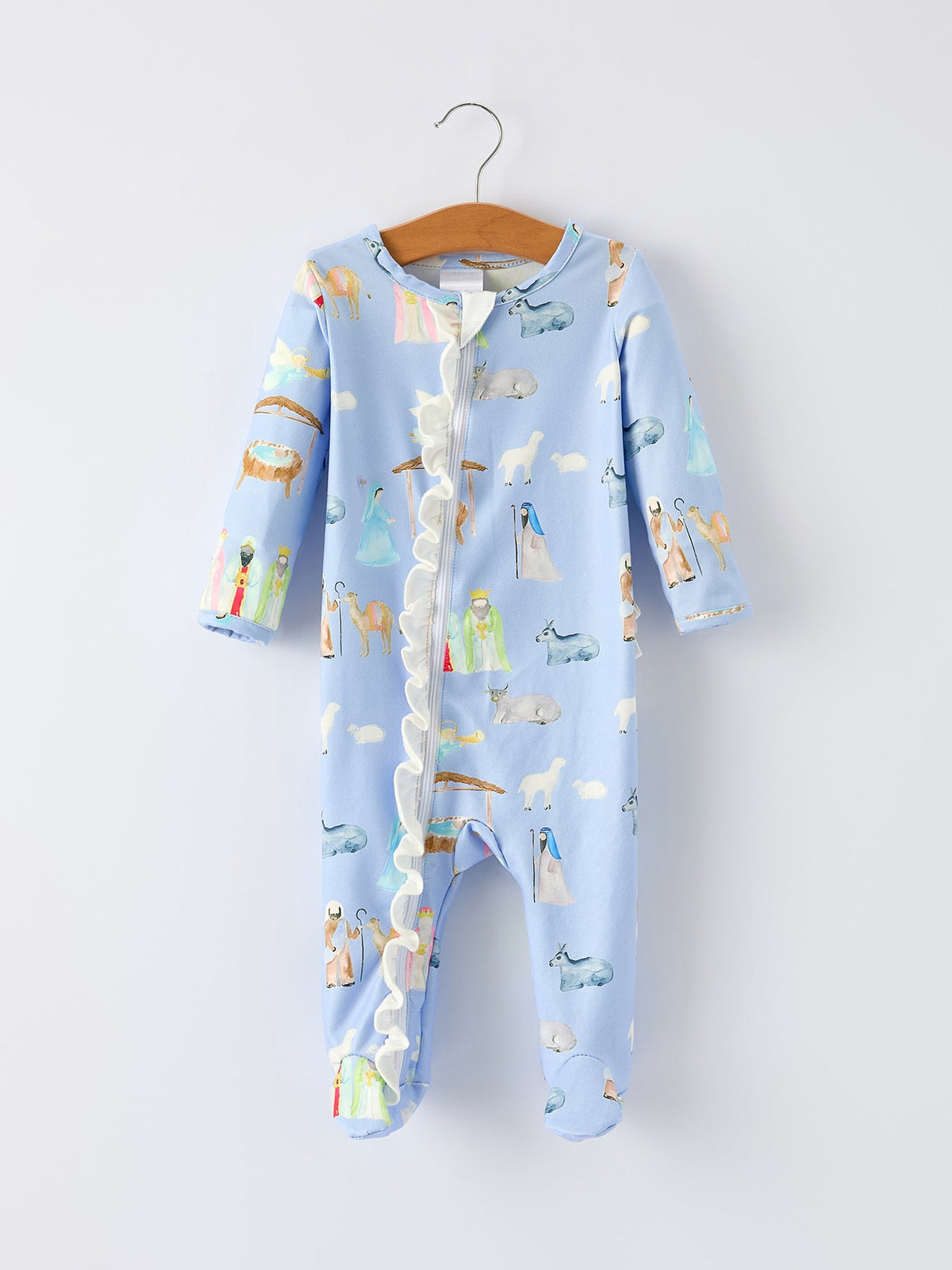 Blue Christmas Nativity Pattern Baby Girls Romper with Ruffles - Rylee Faith Designs - Flyclothing LLC