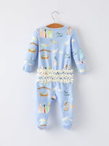 Blue Christmas Nativity Pattern Baby Girls Romper with Ruffles - Rylee Faith Designs - Flyclothing LLC