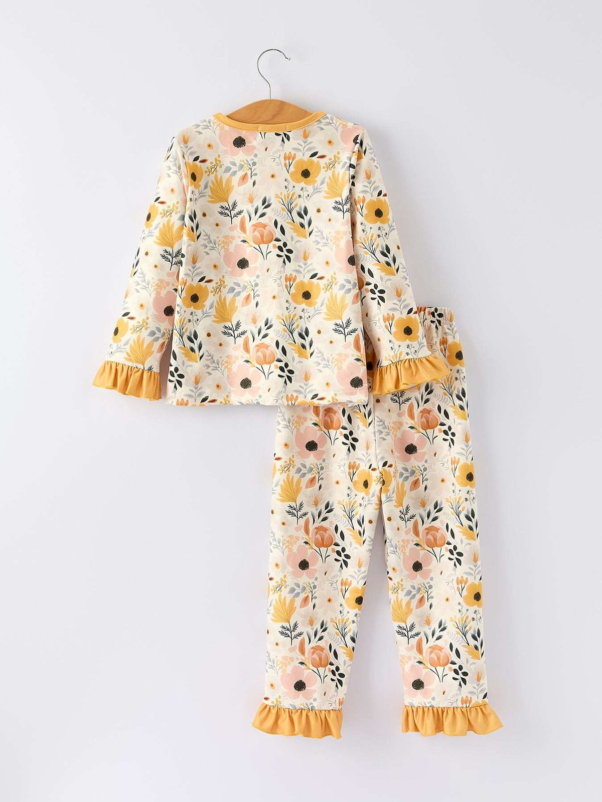 Fall Floral Print Girls Pajamas Set with Ruffle Details
