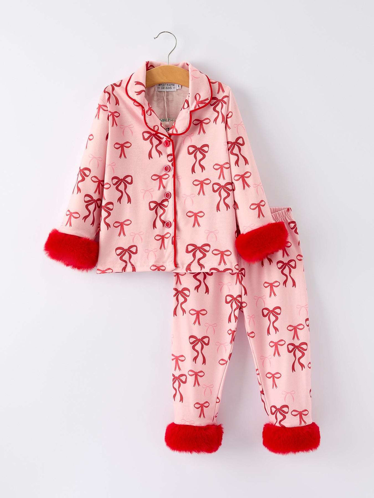 Bow Girls Pajama Set with Furry Trim - Rylee Faith Designs - Flyclothing LLC