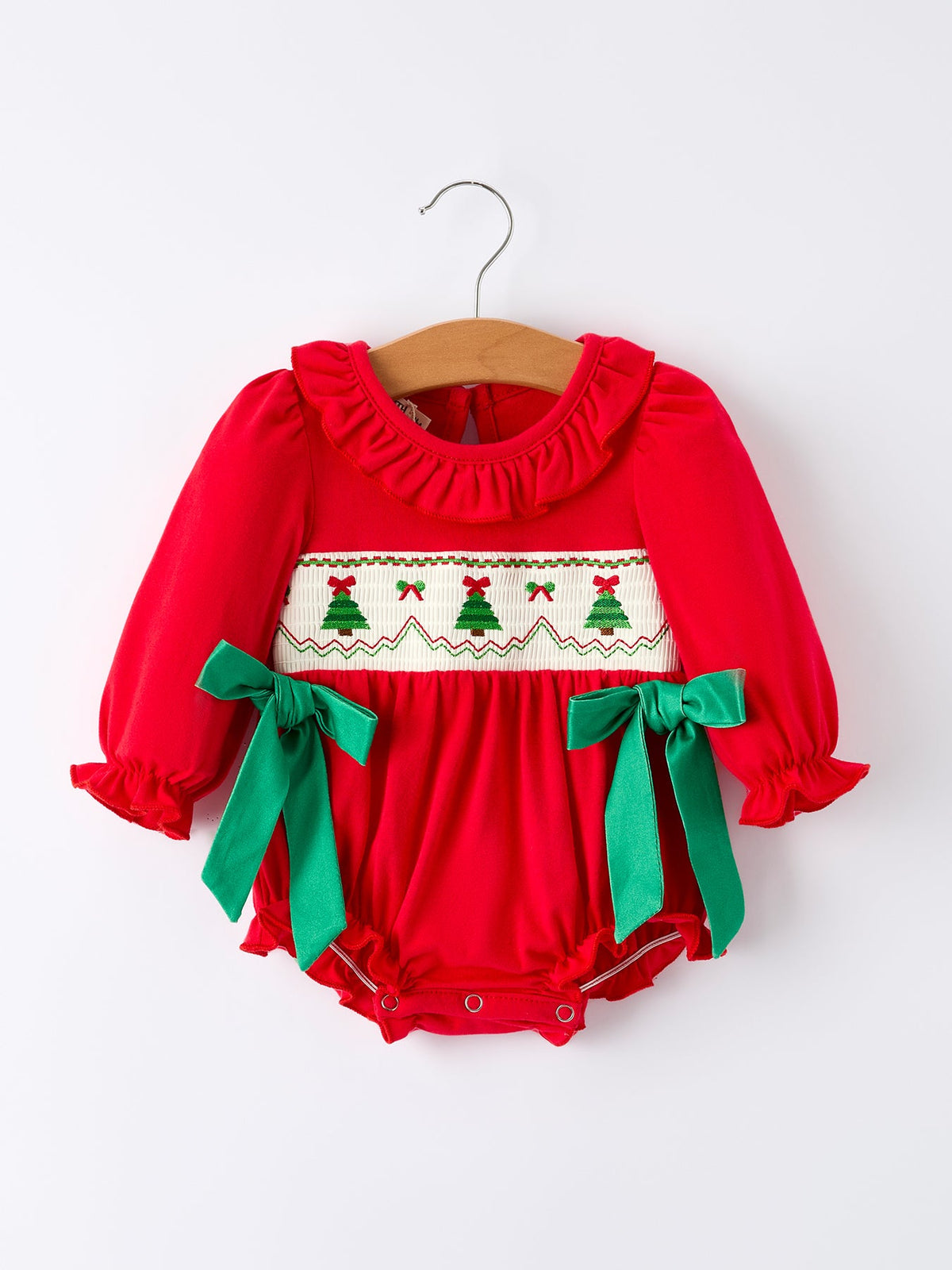 Christmas Smocked Girls Romper with Green Bow and Tree Embroidery - Rylee Faith Designs - Flyclothing LLC