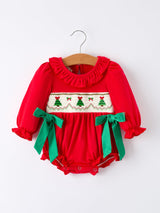 Christmas Smocked Girls Romper with Green Bow and Tree Embroidery - Rylee Faith Designs - Flyclothing LLC