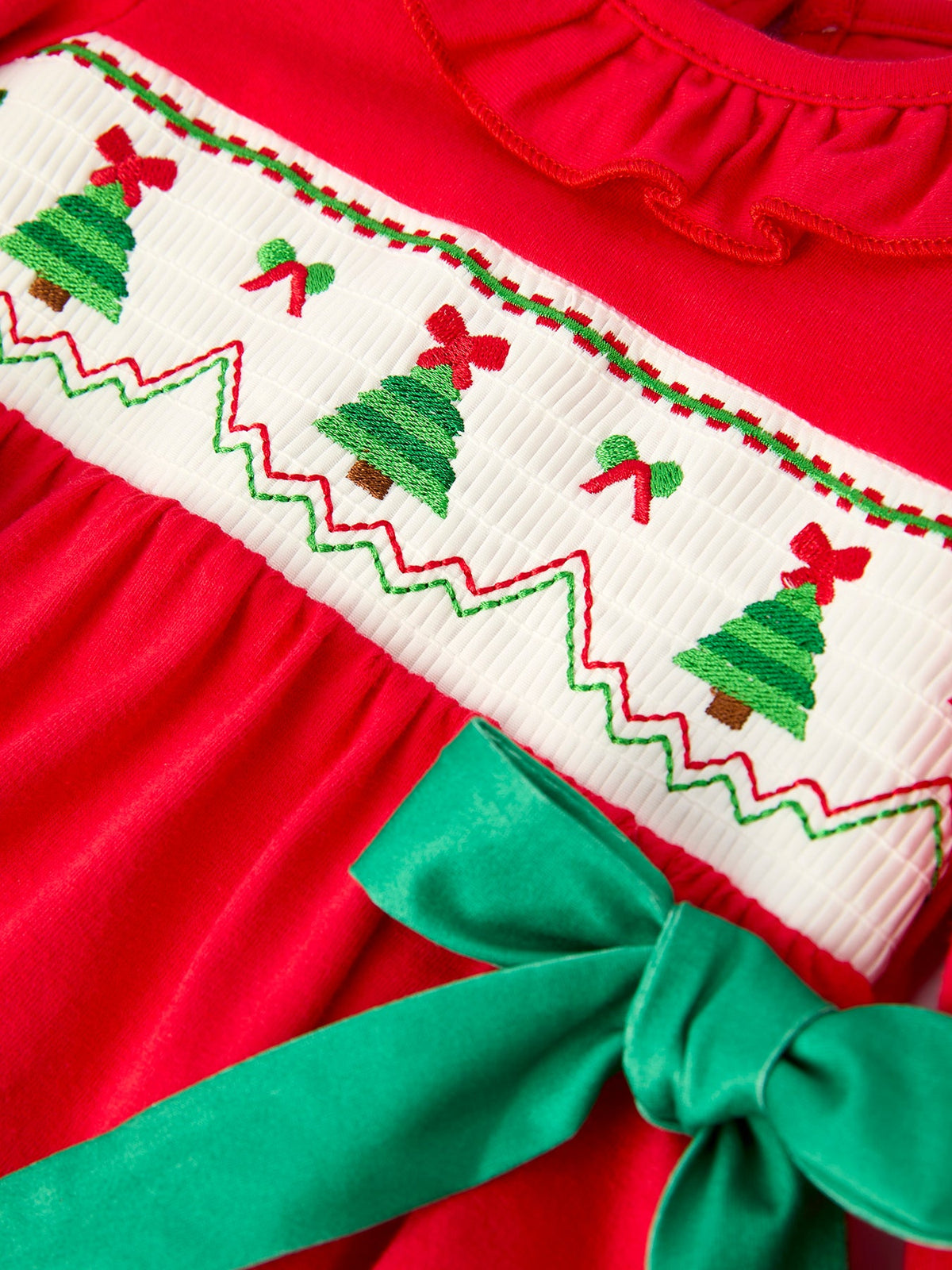 Christmas Smocked Girls Romper with Green Bow and Tree Embroidery - Rylee Faith Designs - Flyclothing LLC