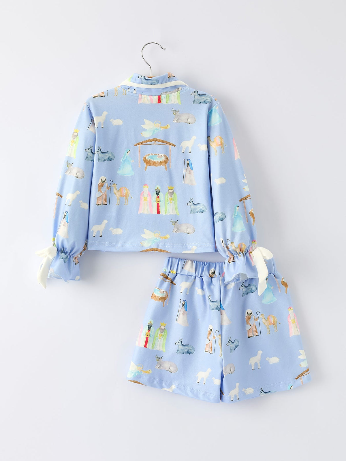 Blue Christmas Nativity Pattern Girls Pajamas Set - Rylee Faith Designs - Flyclothing LLC