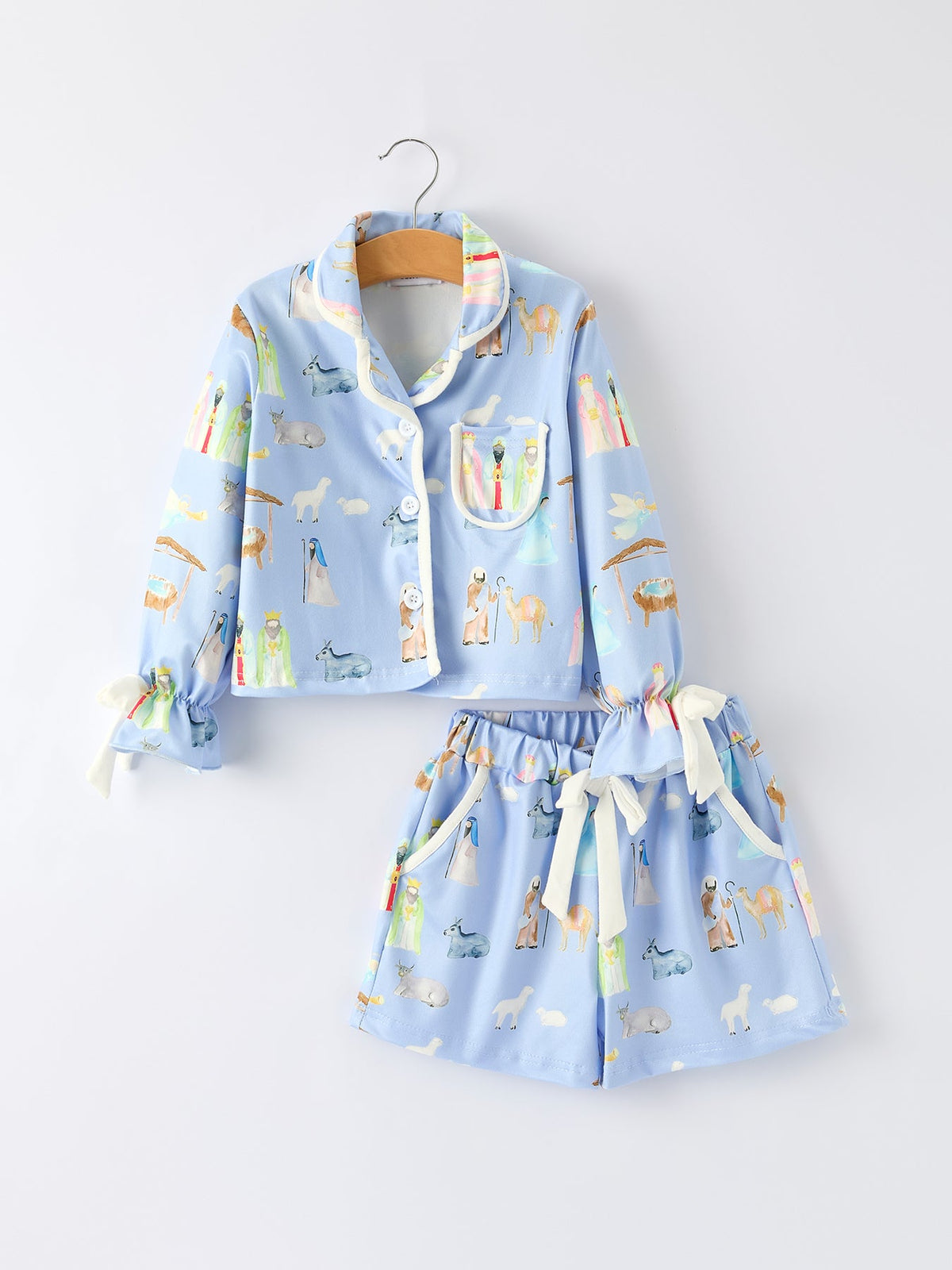 Blue Christmas Nativity Pattern Girls Pajamas Set - Rylee Faith Designs - Flyclothing LLC