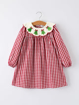 Christmas Embroidered Christmas Tree Plaid Girls Dress