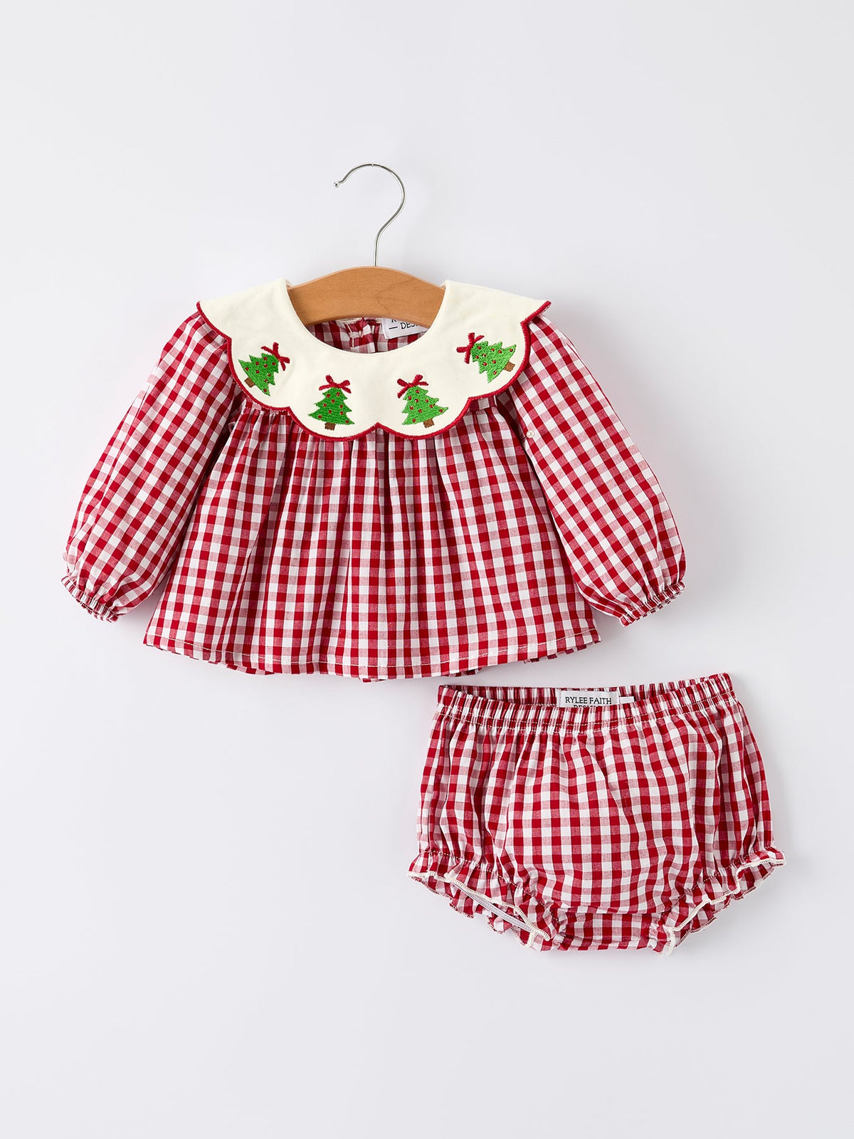 Christmas Tree Embroidery Red Gingham Long Sleeve Baby Girl Bloomers Set - Rylee Faith Designs - Flyclothing LLC