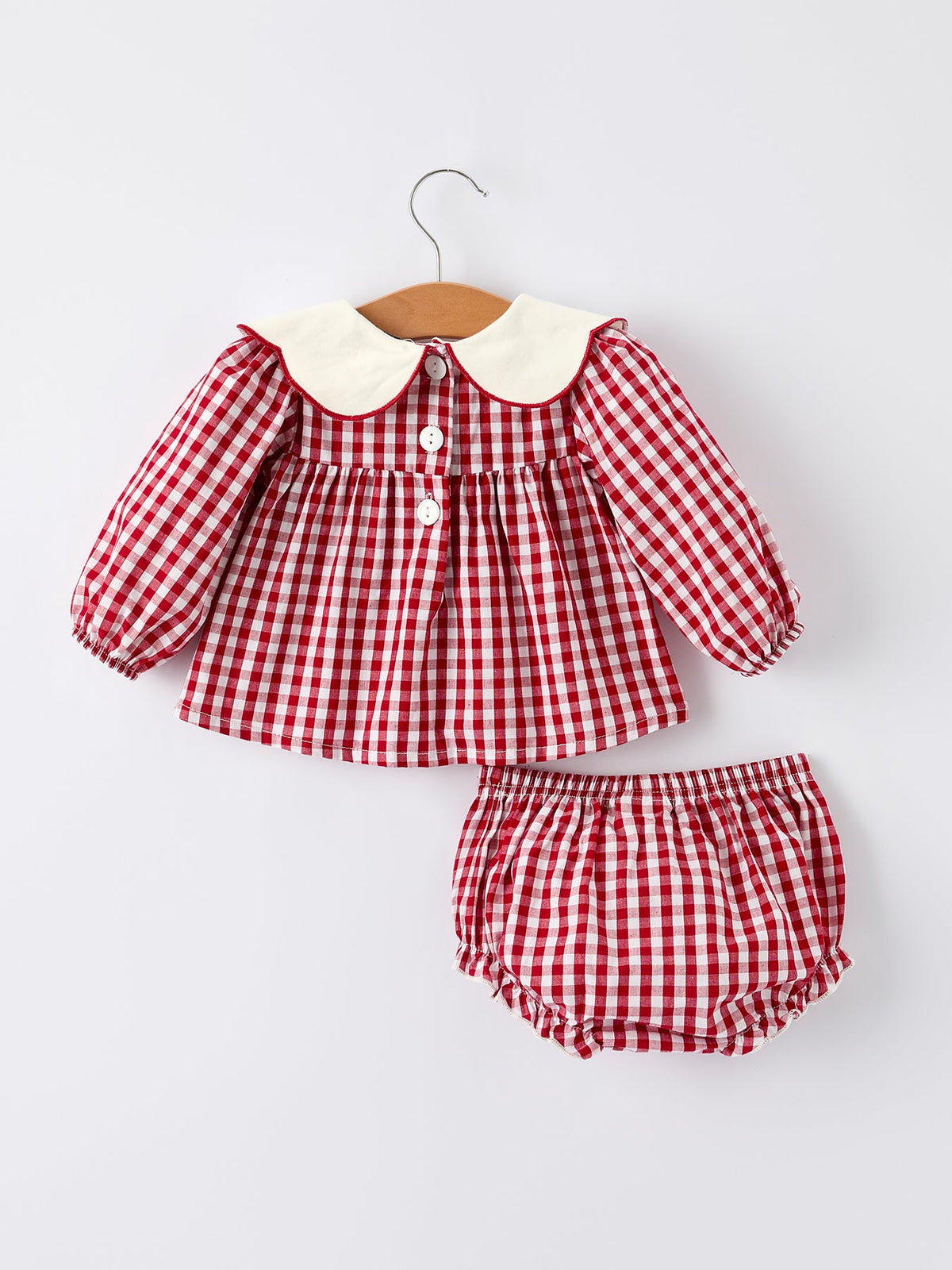Christmas Tree Embroidery Red Gingham Long Sleeve Baby Girl Bloomers Set - Rylee Faith Designs - Flyclothing LLC