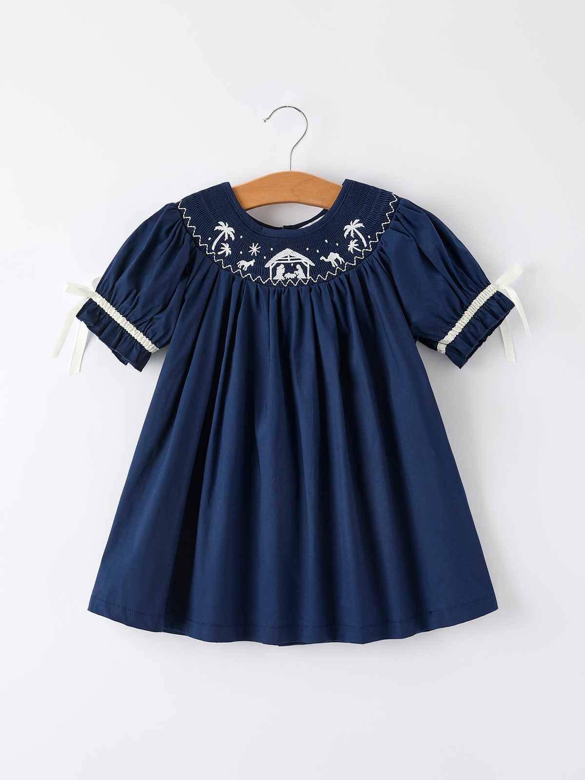 Christmas Navy Blue Nativity Smocking Embroidered Dress - Rylee Faith Designs - Flyclothing LLC