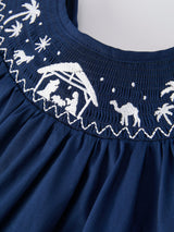 Christmas Navy Blue Nativity Smocking Embroidered Dress - Rylee Faith Designs - Flyclothing LLC