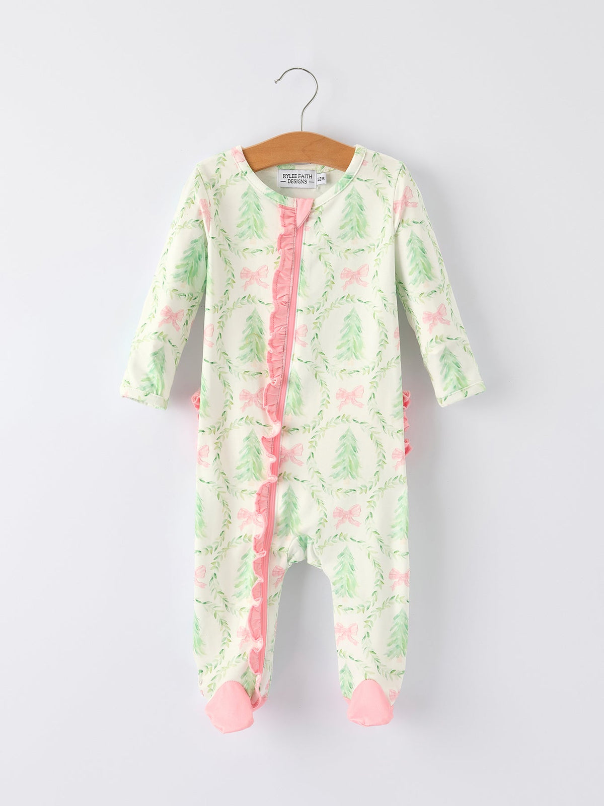 Christmas Tree Wreath Print Long Sleeve Zip Baby Girls Romper - Rylee Faith Designs - Flyclothing LLC