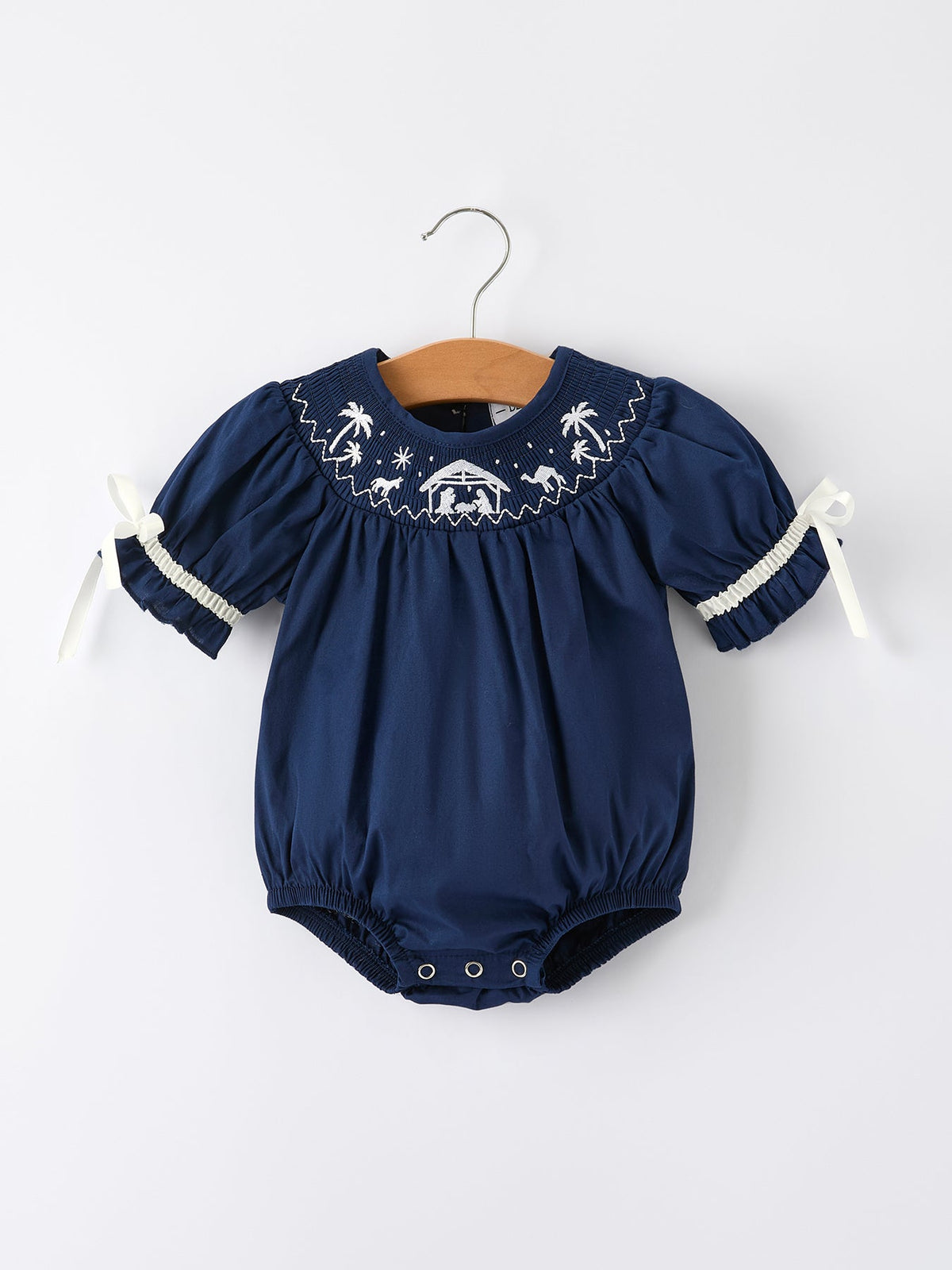 Navy Blue Nativity Smocking Embroidered Baby Girls Christmas Romper - Rylee Faith Designs - Flyclothing LLC
