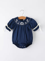 Navy Blue Nativity Smocking Embroidered Baby Girls Christmas Romper - Rylee Faith Designs - Flyclothing LLC