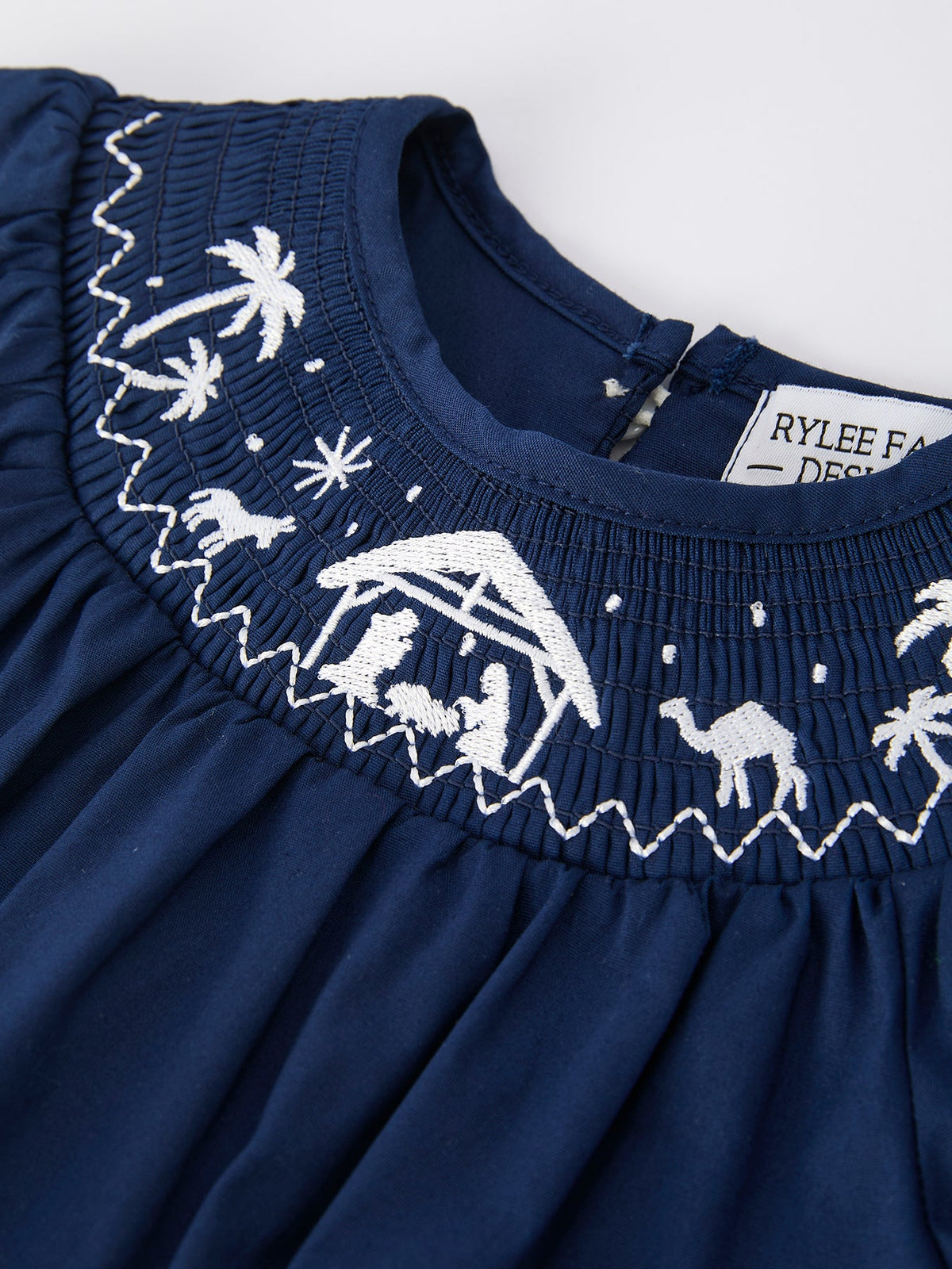 Navy Blue Nativity Smocking Embroidered Baby Girls Christmas Romper - Rylee Faith Designs - Flyclothing LLC