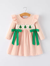 Christmas Tree Smocked Embroidery Stripe Baby Girls Dress - Rylee Faith Designs - Flyclothing LLC