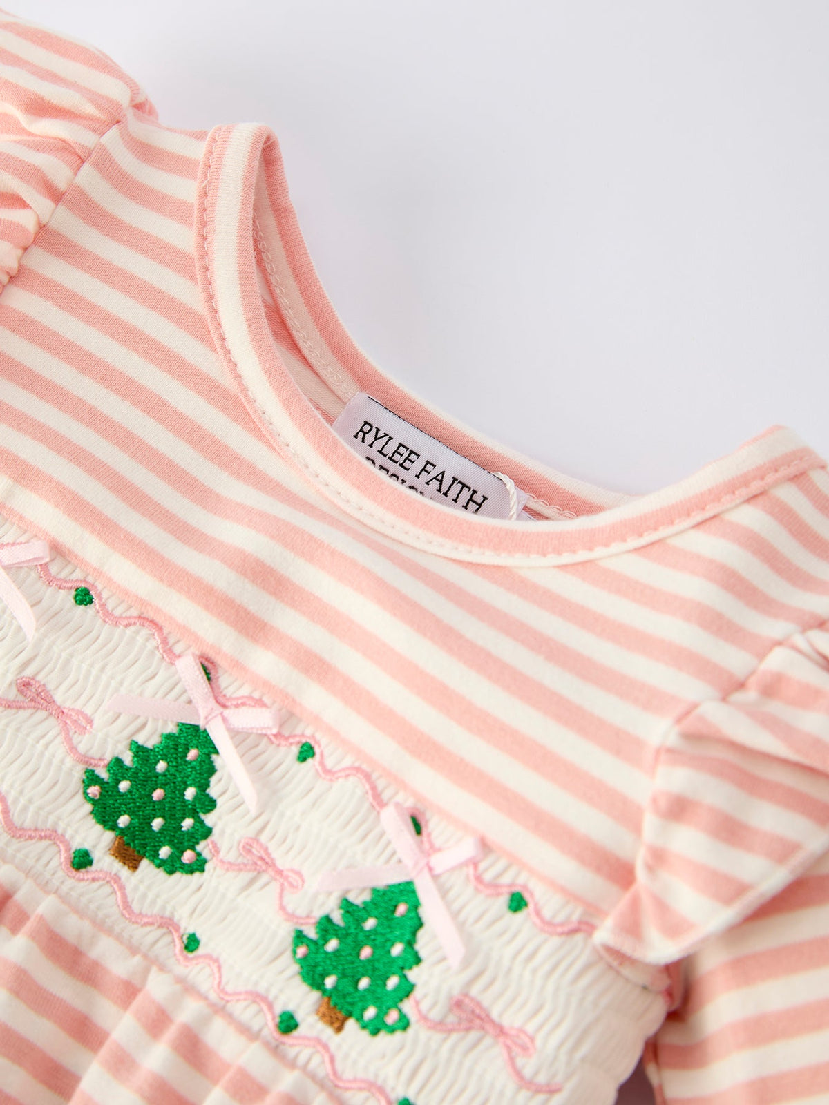 Christmas Tree Smocked Embroidery Stripe Baby Girls Romper - Rylee Faith Designs - Flyclothing LLC