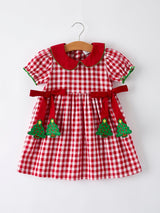 Girls Christmas Outfit – Red Plaid Dress with Tree Bow Accents - Rylee Faith Designs - Flyclothing LLC
