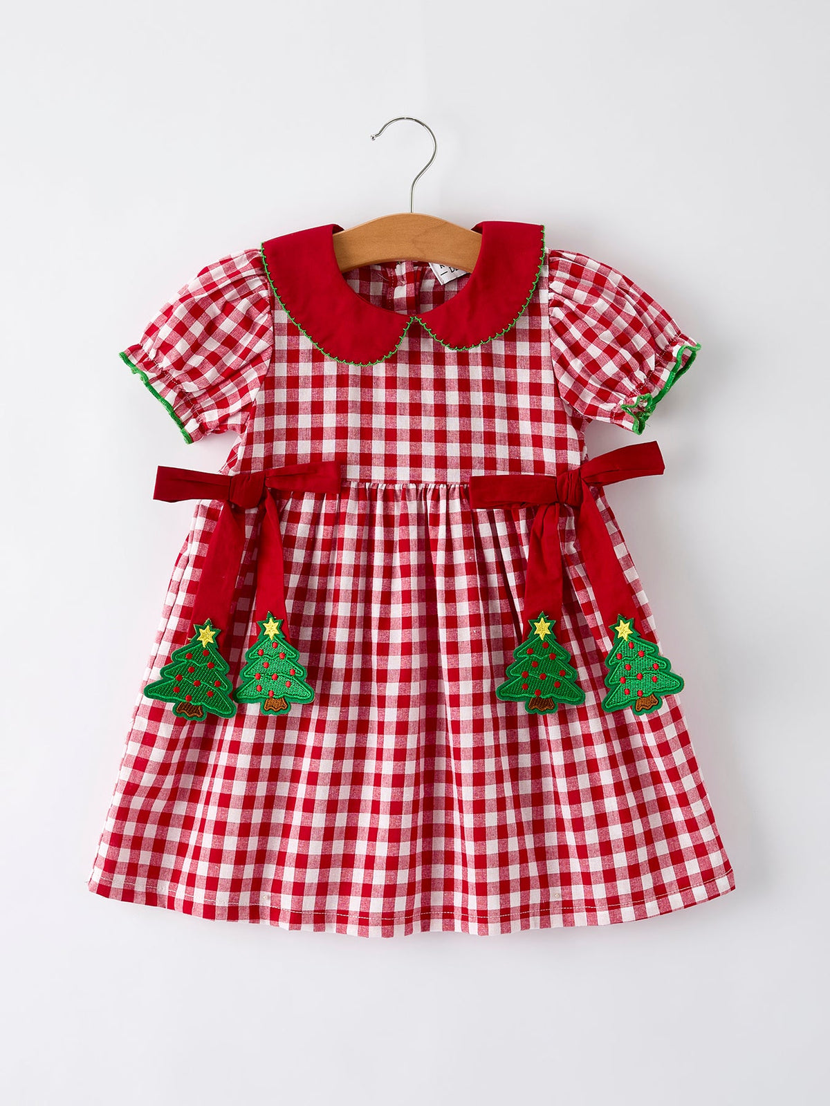 Girls Christmas Outfit – Red Plaid Dress with Tree Bow Accents - Rylee Faith Designs - Flyclothing LLC