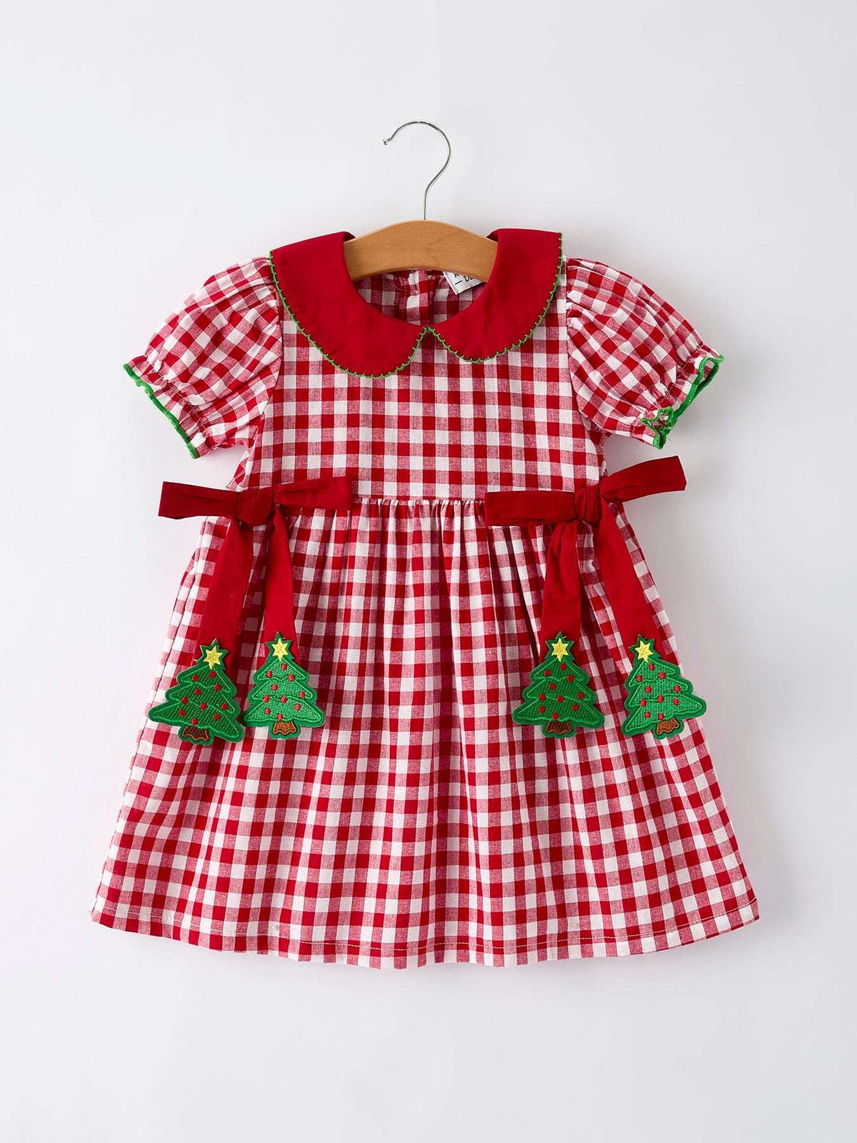 Girls Christmas Outfit – Red Plaid Dress with Tree Bow Accents - Rylee Faith Designs - Flyclothing LLC