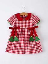 Girls Christmas Outfit – Red Plaid Dress with Tree Bow Accents - Rylee Faith Designs - Flyclothing LLC