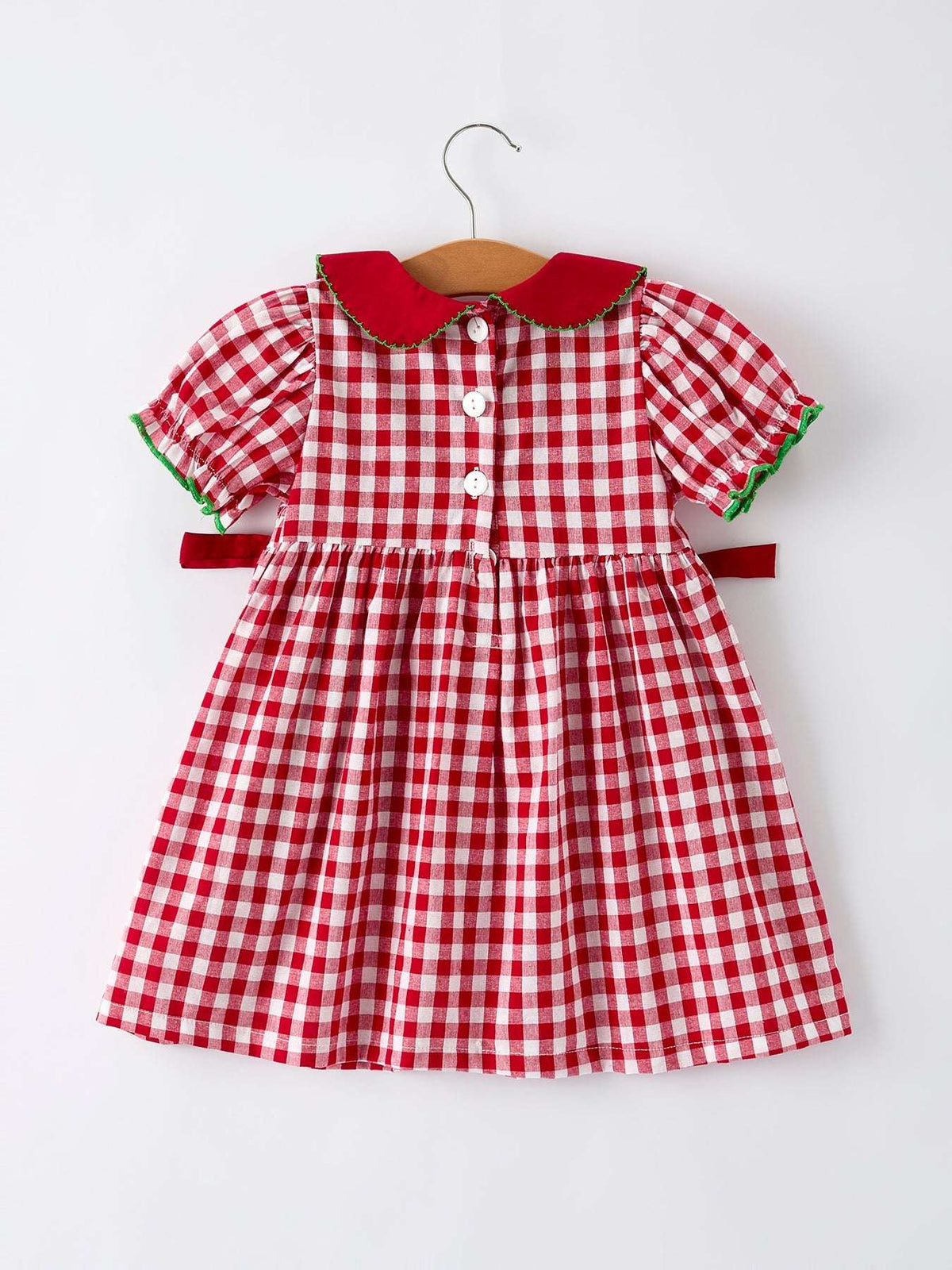 Girls Christmas Outfit – Red Plaid Dress with Tree Bow Accents - Rylee Faith Designs - Flyclothing LLC