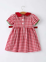 Girls Christmas Outfit – Red Plaid Dress with Tree Bow Accents - Rylee Faith Designs - Flyclothing LLC