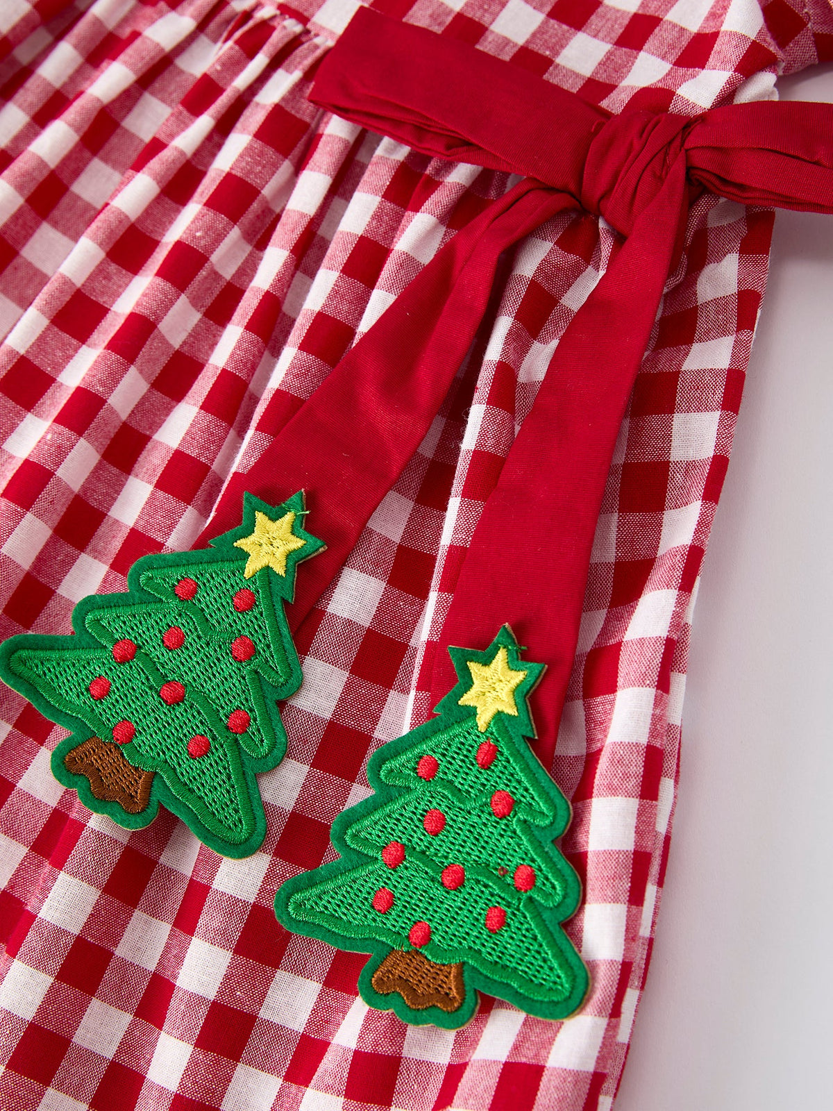 Girls Christmas Outfit – Red Plaid Dress with Tree Bow Accents - Rylee Faith Designs - Flyclothing LLC