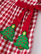 Girls Christmas Outfit – Red Plaid Dress with Tree Bow Accents - Rylee Faith Designs - Flyclothing LLC