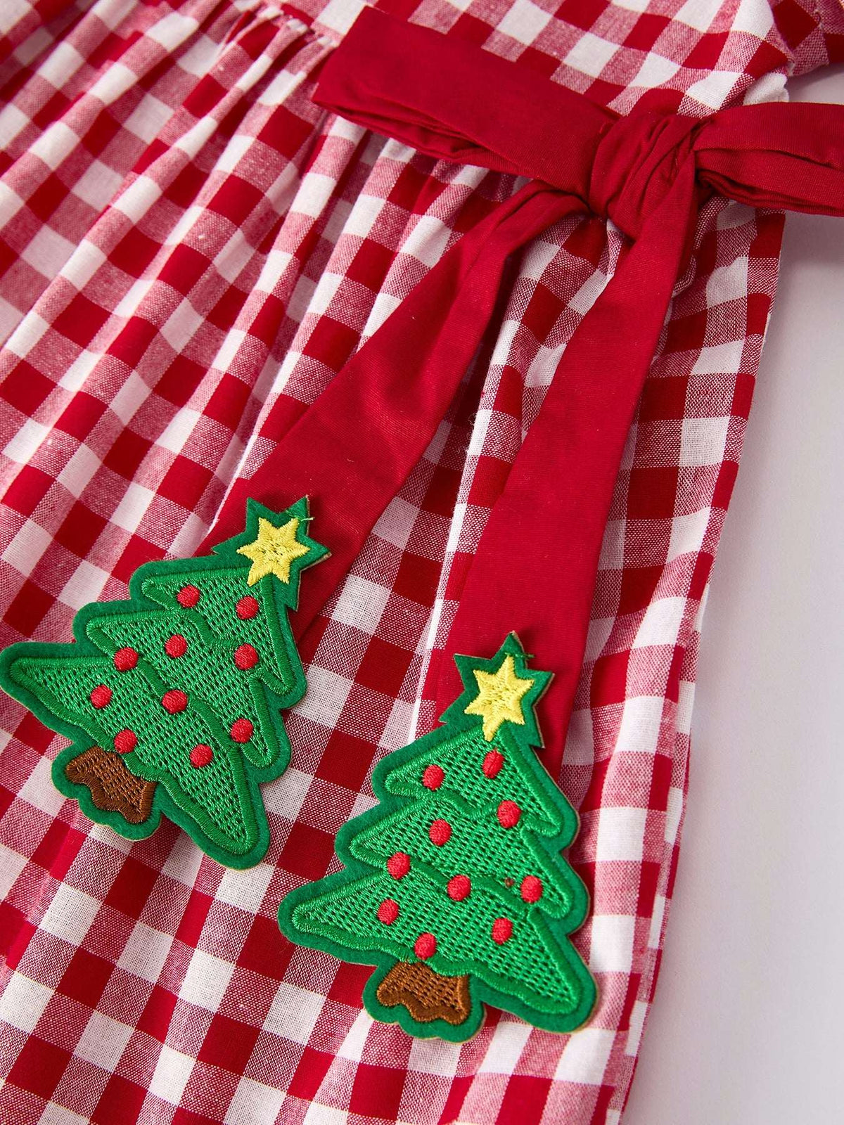 Girls Christmas Outfit – Red Plaid Dress with Tree Bow Accents - Rylee Faith Designs - Flyclothing LLC