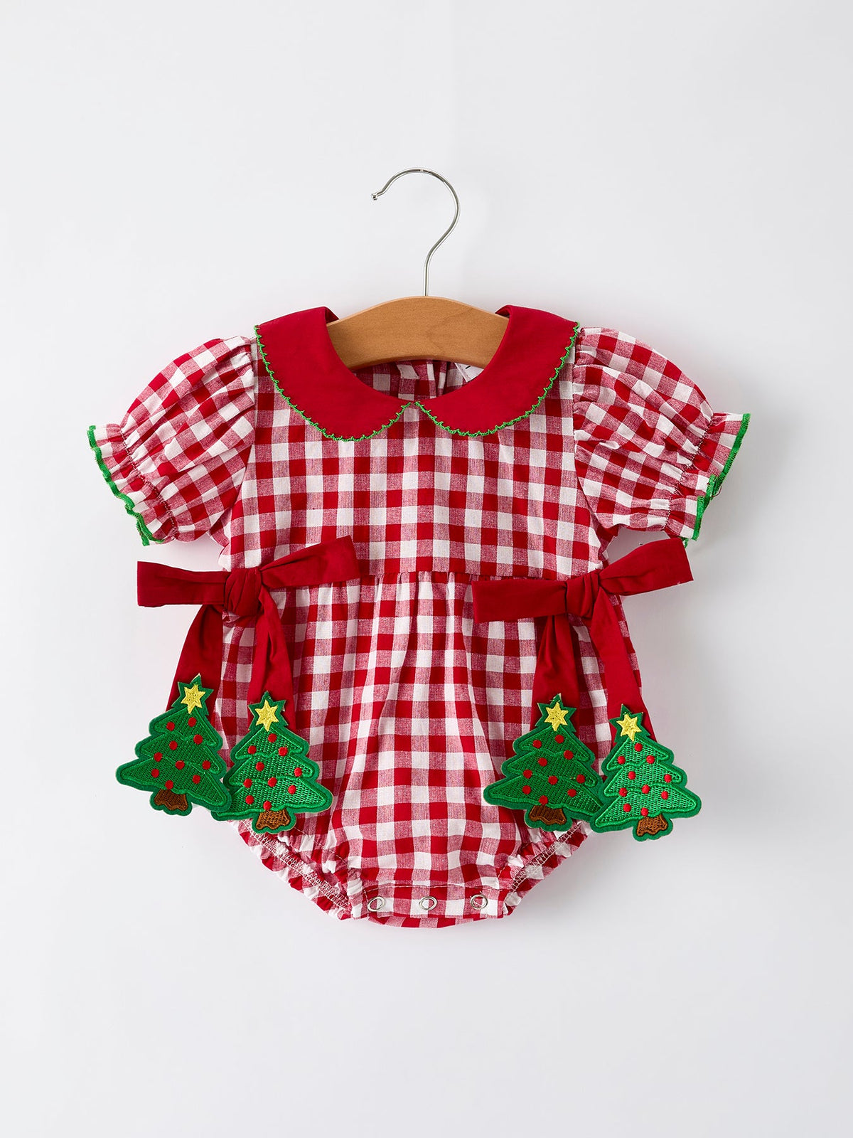 Baby Girls Christmas Outfit – Red Plaid Romper with Tree Bow Accents - Rylee Faith Designs - Flyclothing LLC